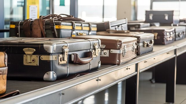 Different Suitcases on luggage conveyor, claim area at airport terminal. Generative AI