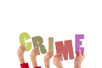 Colorful alphabet spelling crime held up by people 