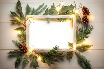 Empty vertical frame Christmas lights bulb and pine leaves decoration on white wood plank, frame border design. Merry Christmas and New Year holiday background. top view, Generative AI