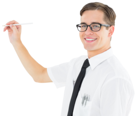 Geeky businessman writing with marker