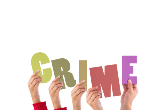 Colorful alphabet spelling crime held up by people 