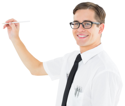 Geeky businessman writing with marker