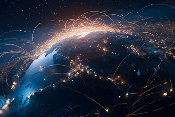 Connection lines around the Earth's surface, future technology backdrop with circles and lines. Internet, social media, travel, or logistical concepts. Generative AI