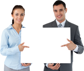 Business partners presenting sign together