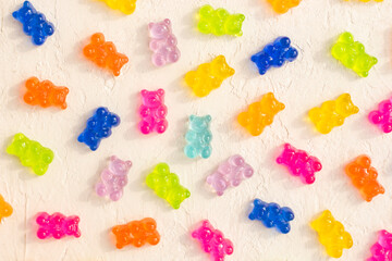 Colorful Fruity and tasty Sweets and Candies. Gummy and jelly teddy bears backgound.
