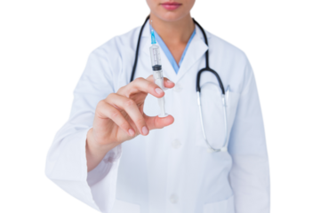 Doctor showing syringe to camera