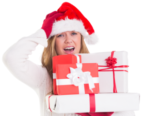 Festive blonde holding pile of gifts