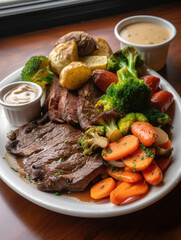 A roasted platter of juicy steak and assorted vegetables served with a savory garlic sauce.. AI generation.