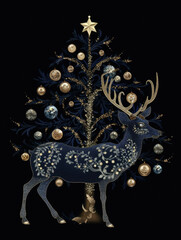A midnight blue fir tree topped with a bejeweled black reindeer Gothic art. AI generation.
