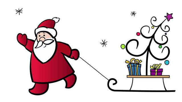 Santa Claus pulling a sledge with the Christmas tree and gifts 4K motion animation
