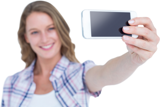 Pretty hipster taking selfie with smartphone