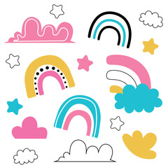Set of cute colorful rainbows and clouds. Collection of baby flat vector illustrations. Weather forecast, meteorology. Rainy clouds and stars, dangers on a white background.