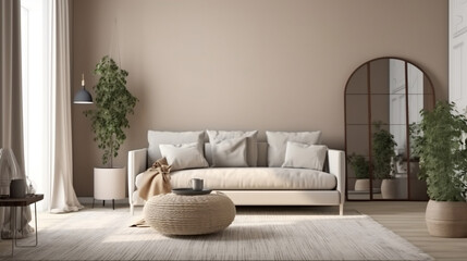 Fototapeta premium Domestic and cozy interior of living room with beige sofa, plants, shelf, coffee table, boucle rug, mock up poster frame, side table, plant and elegant decoration Beige wall. Generative ai