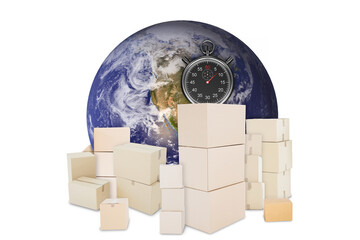 Wall clock on globe by boxes