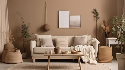 Fototapeta na wymiar Domestic and cozy interior of living room with beige sofa, plants, shelf, coffee table, boucle rug, mock up poster frame, side table, plant and elegant decoration Beige wall. Generative ai