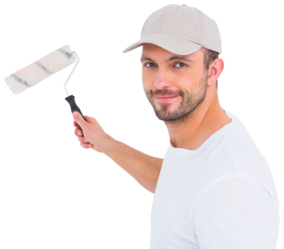 Handyman holding paint roller 