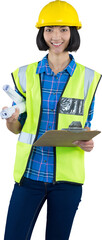 Female architect holding clipboard and blueprint against grey background