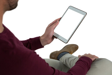 High angle view of man using tablet computer