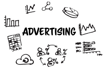 Advertising text surrounded by various vector icons