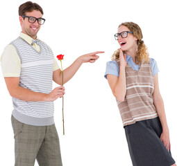 Fototapeta premium Geeky hipster holding rose and pointing his girlfriend 