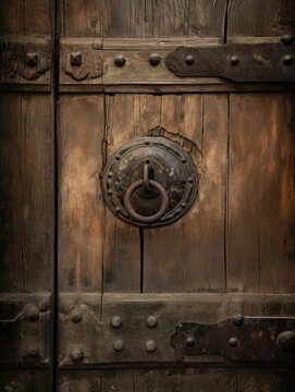 An old wooden door with a large iron knocker with a crack down the center revealing a single eye.. AI generation.