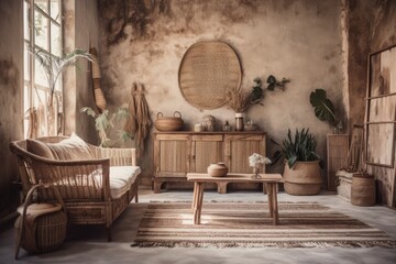 Blurred backdrop, rural bohemian timber living room. Sofa, rattan dresser, jute mat, and décor. Boho chic decor,. Generative AI
