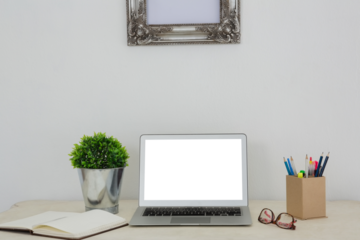 Laptop, pot pant, pencil holder, spectacles and organizer on table