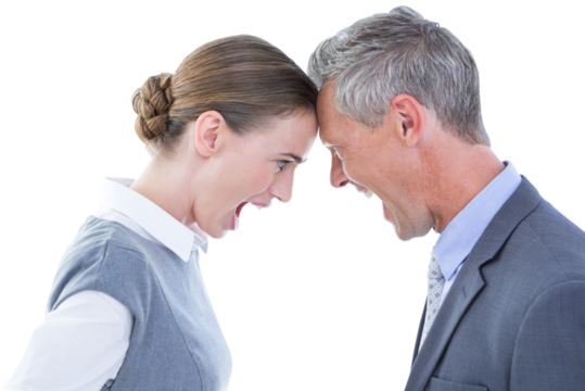 Business people yelling at each other over white background