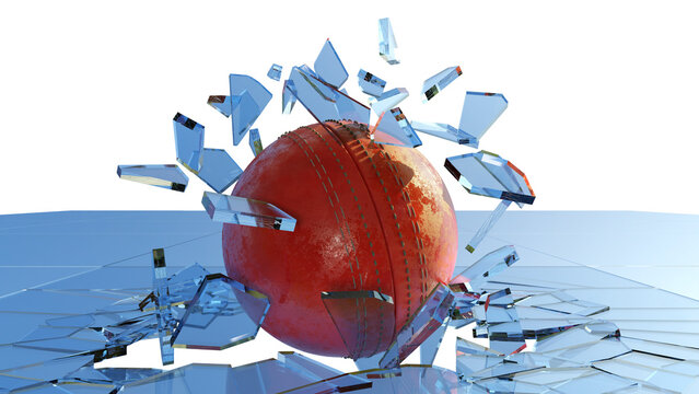 Cricket Ball Breaking Glass, shattered glasses flying on air.