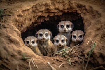 Cozy family of suricates huddled together in their burrow, young ones peeking out from behind parents, surrounded by plants and rocks. generative ai