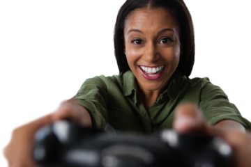 Woman playing video game against white background