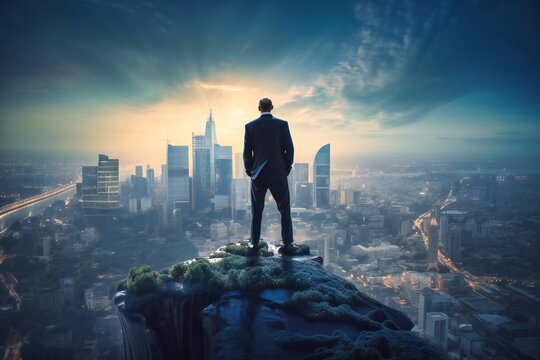 Businessman standing on a roof and envisioning the future success of his business with the city skyline in the background