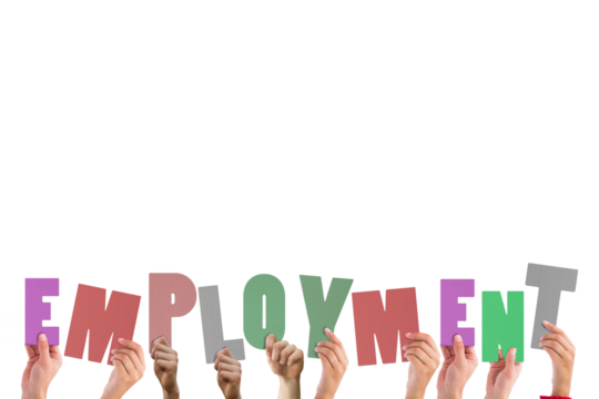 Cropped hands holding colorful word employment