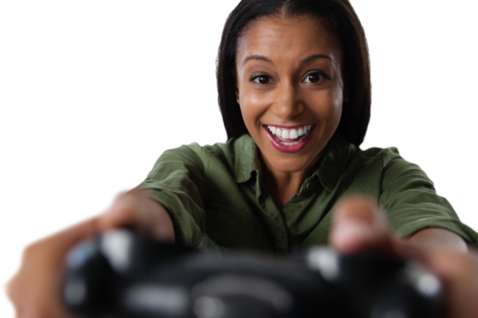 Woman playing video game against white background