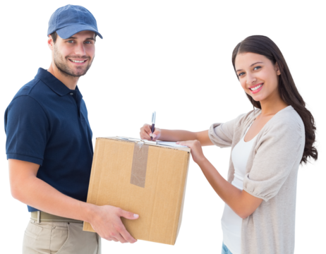 Happy delivery man with customer - Powered by Adobe