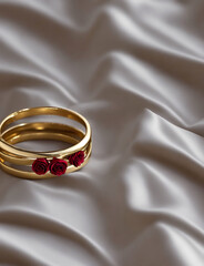 Red rose detailed wedding ring on beige silk fabric. Generative AI

