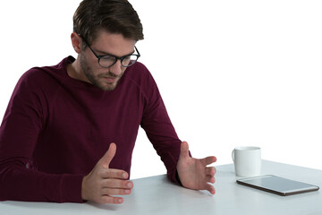 Man pretending to hold an invisible object