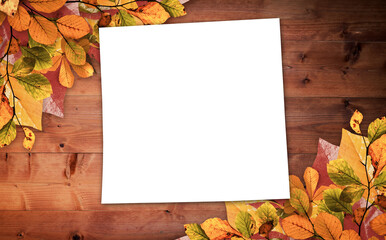 Autumn leaves and page on table 