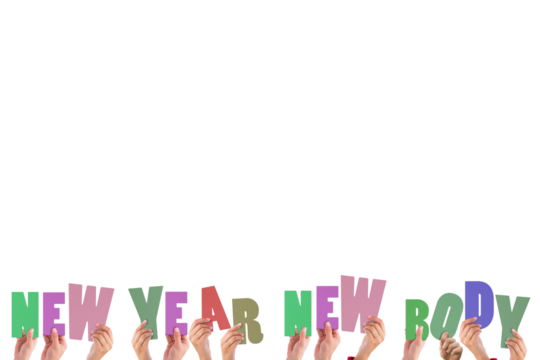 Colorful alphabet spelling new year new body held up by people 