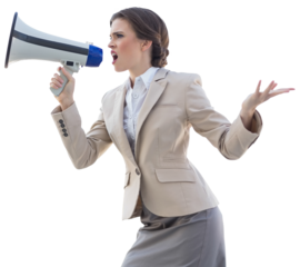 Furious stylish brown haired businesswoman shouting in a megaphone
