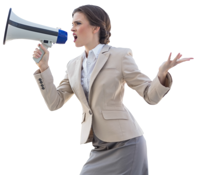 Furious stylish brown haired businesswoman shouting in a megaphone