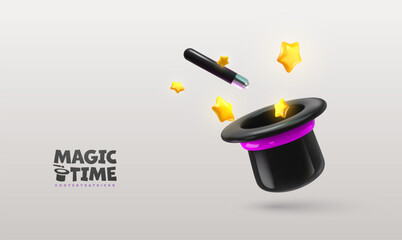 Magic wand and hat with stars explosion outside on light background vector illustration. Wizard tool, magic stick with spell.