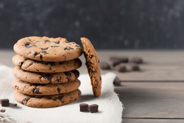 chocolate chip cookies, stack of chocolate chip cookies on a wooden table, chocolate chip cookies on top of white dish towel on a white wooden table