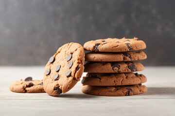 chocolate chip cookie, stack of chocolate chip cookies on a wooden table, chocolate chip cookies on a white wooden table