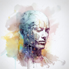 Obraz premium Cybernetic human, watercolor style, Generative AI