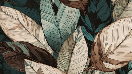 Tropical analia palm leaf Wallpaper, Luxury nature leaves pattern design, Hand drawn outline design for fabric, print, cover, banner and invitation, Generative AI