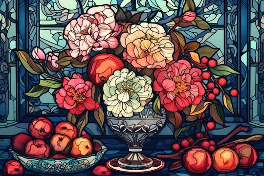 still life painting featuring flowers and fruit on a table. Generative AI