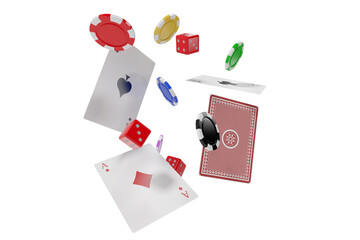 3D image of casino tokens with dice and playing cards