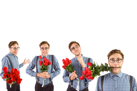 Multiple image of man with red roses