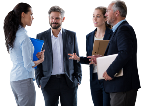 Colleagues planning against white background